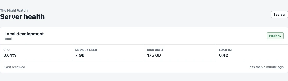 The Night's Watch dashboard showing CPU, memory, disk, and load metrics for a healthy server